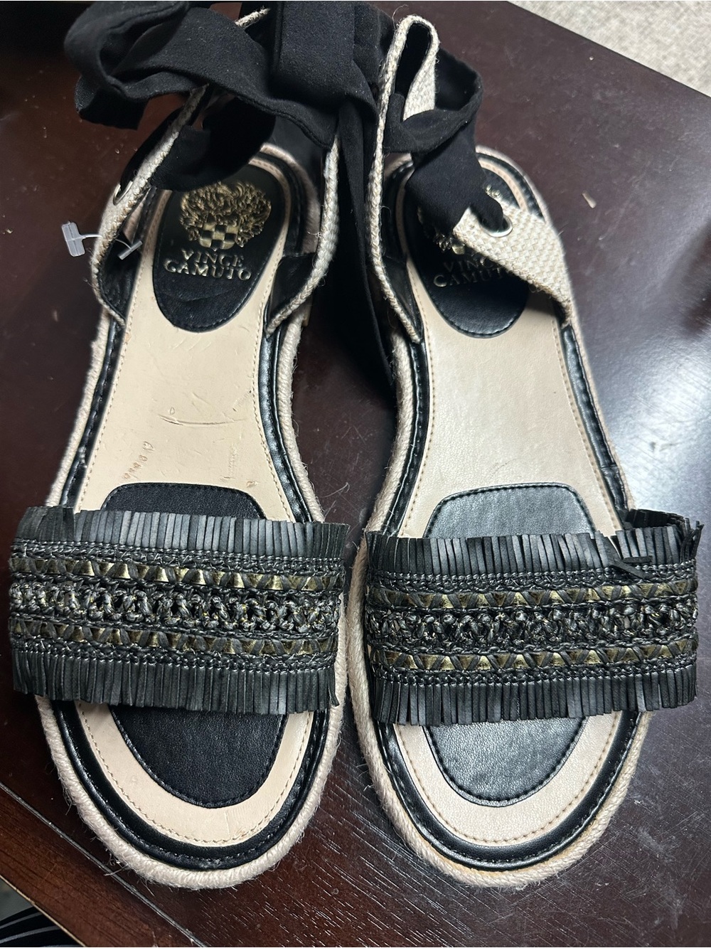 Vince Camuto Black Raffia-Trim Espadrille Sandals with Ankle Wrap